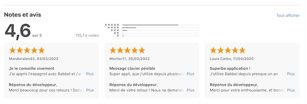 notes clients de l'application Babbel sur App store