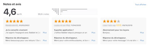 notes clients de l'application Babbel sur App store